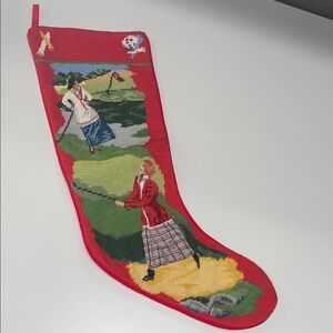 Steinwinder, USA Red Vintage Wool Needlepoint Ladies Golf Holiday Stocking